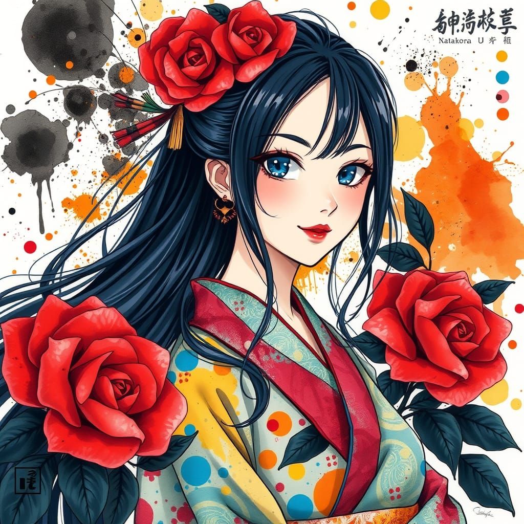 Anime-Style Portrait of a Young Woman in Traditional Kimono