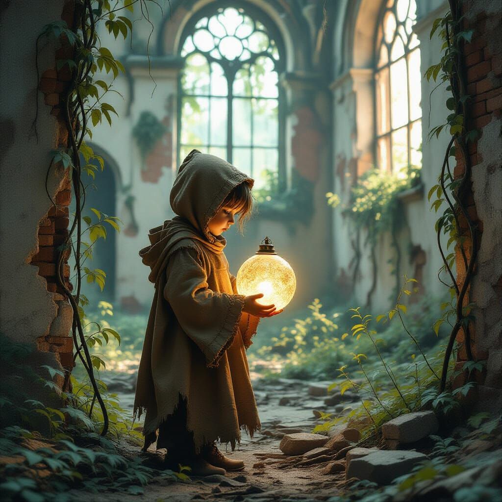 Melancholic Child in Art Nouveau Ruins