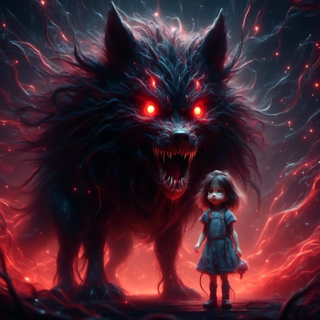 Adorable Girl and Dark Wolf Demon in Horror Style