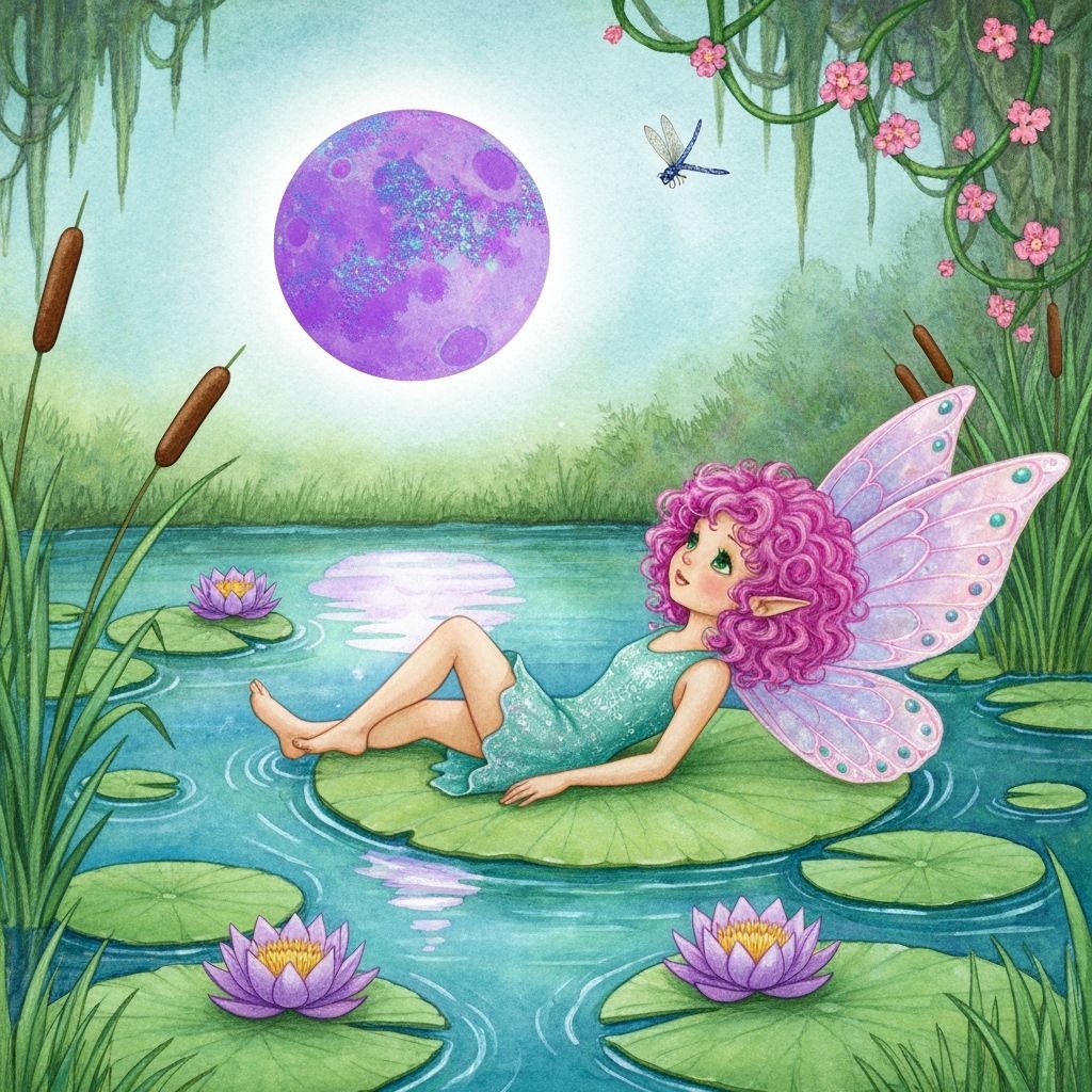 Adorable Pixie on Lily Pad in Watercolor Style