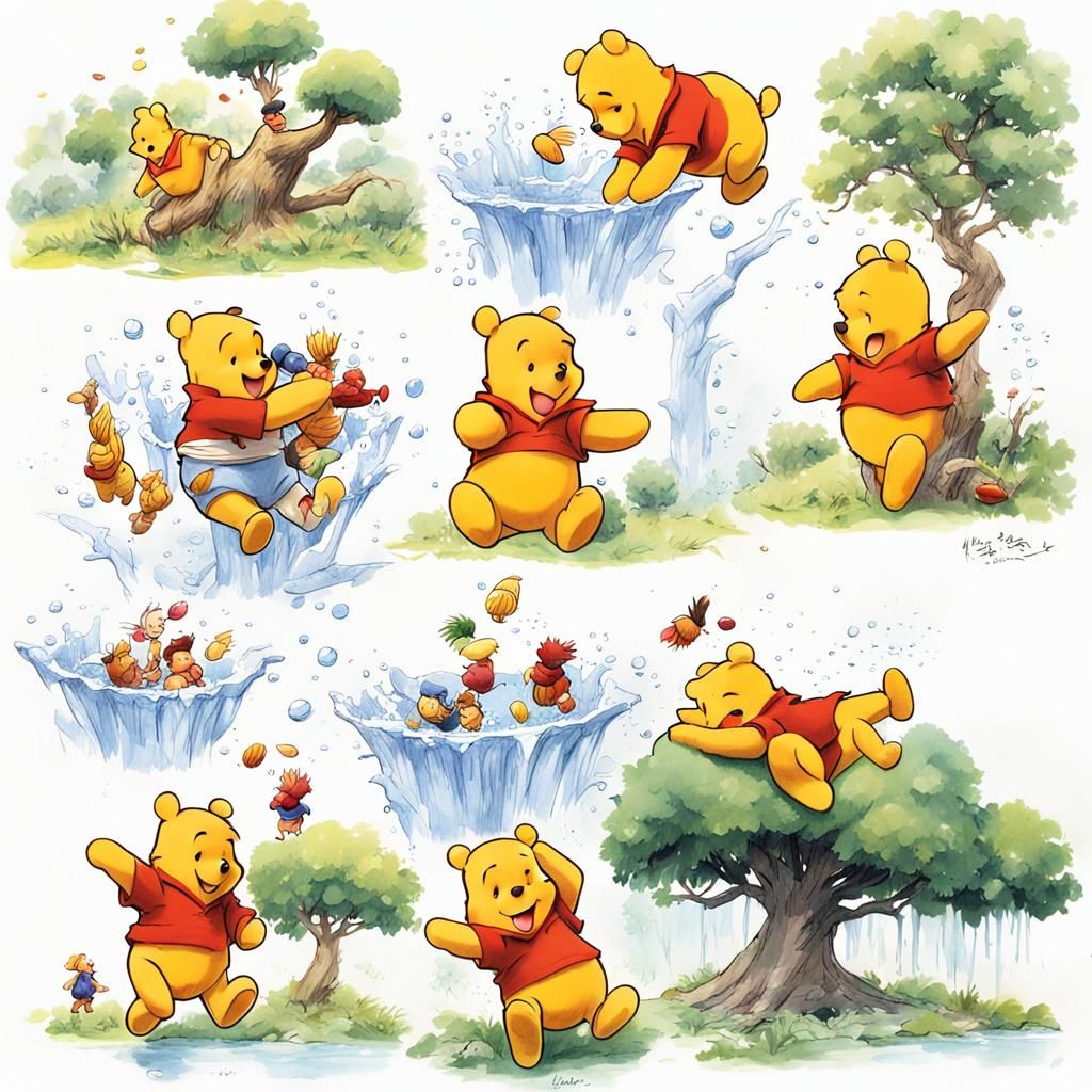 Winnie the Pooh in Colorful Kids' Art Sketches