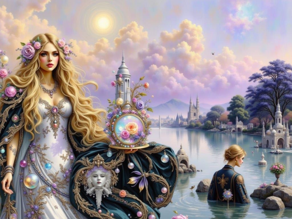 Goddess of Magic Holding Wizard Face, Hyperrealistic Style