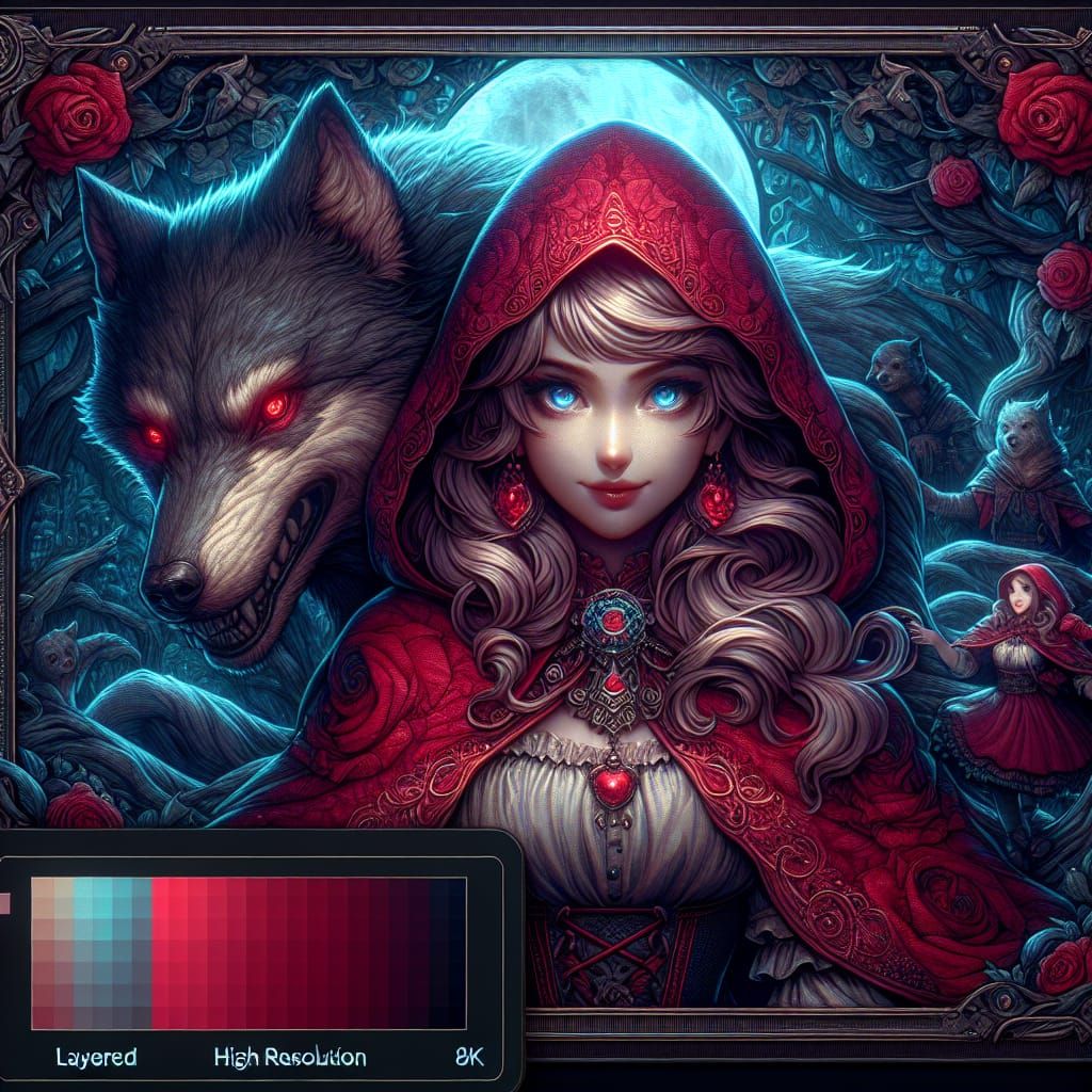 Little Red Riding Hood and Werewolf in Dark Forest