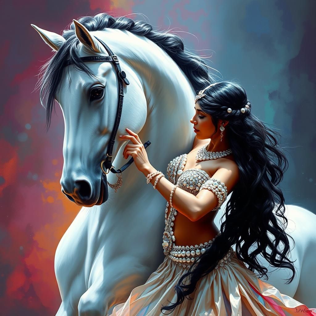 Stallion and Dancer in Tonalist Pearl Fantasy