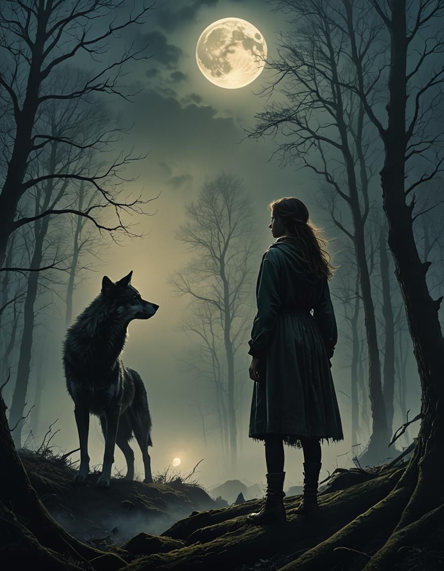 Woman's Transformation into Wolf in Dark Fantasy Style