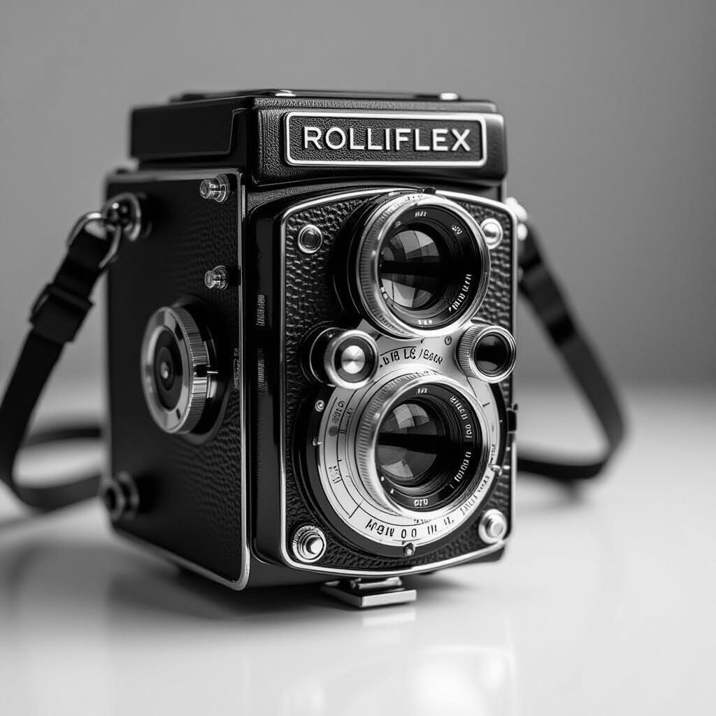Classic Rolleiflex Camera: Black and White Close-Up
