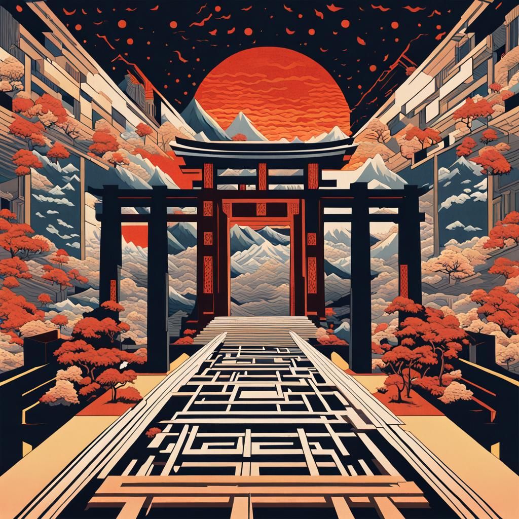 Buddhist Hell Gateway in Cubist Ukiyo-e Style