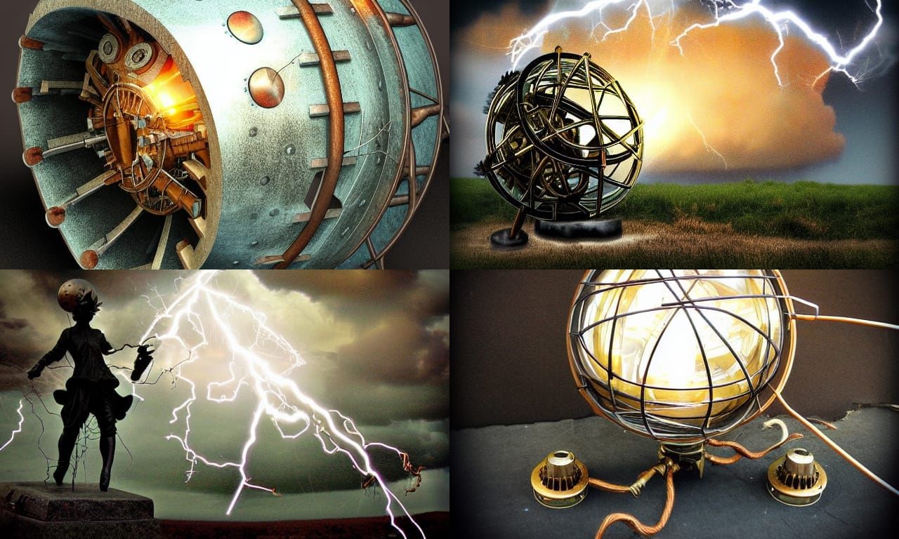 Steampunk Engine Illuminated by Lightning Strike
