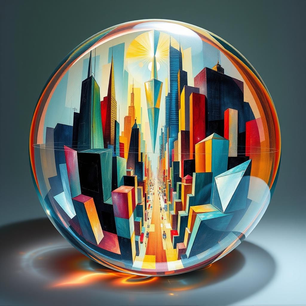 Futuristic Cityscape in Glass Sphere, Abstract Cubist Style