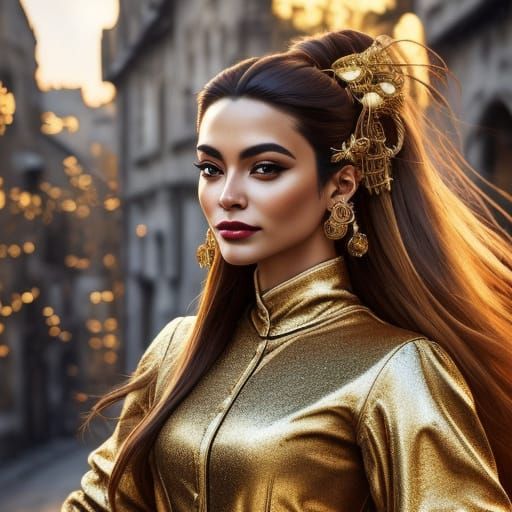 Glamorous Portrait of Woman in Gold Glitter Blouse