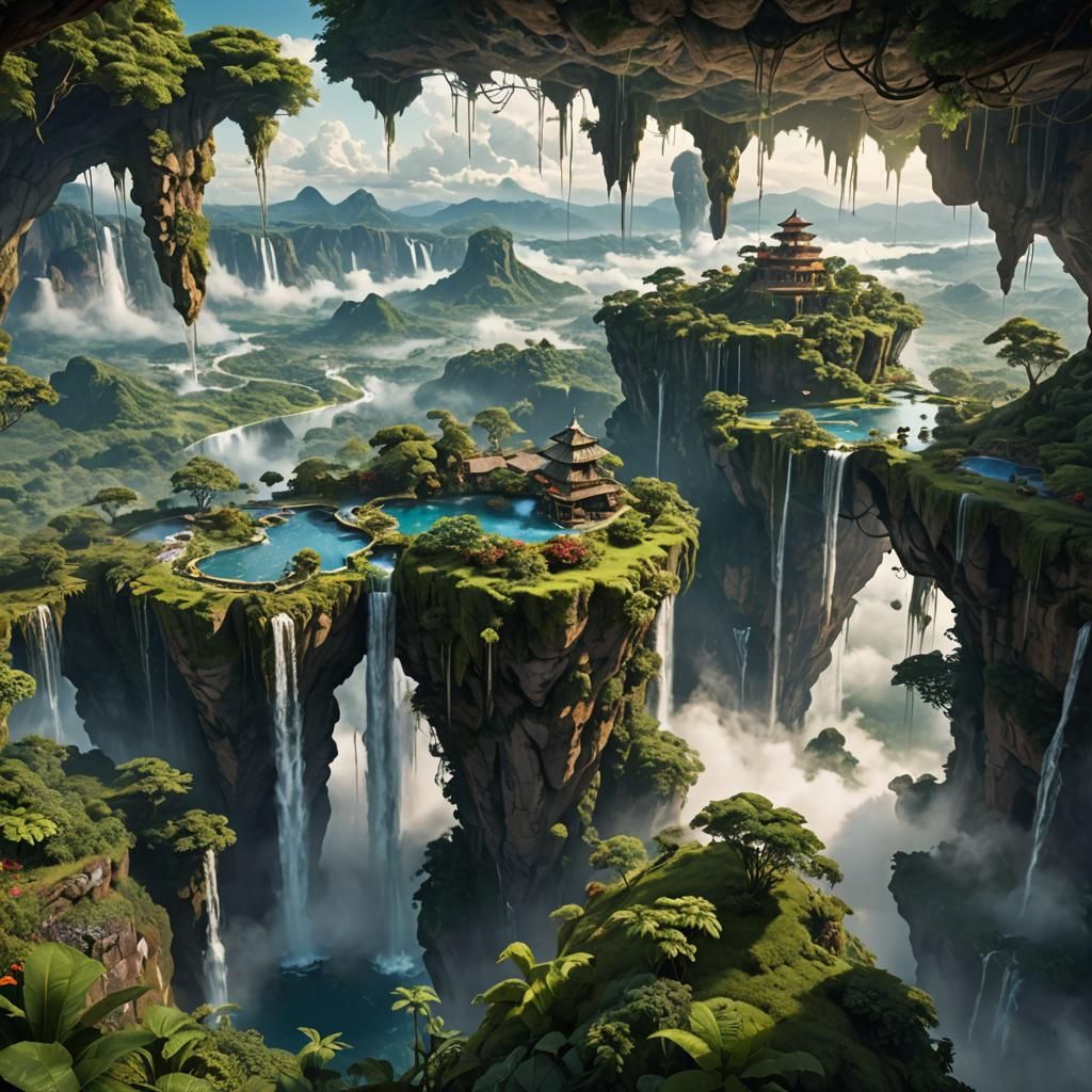 Fantasy Island in the Sky with Waterfalls