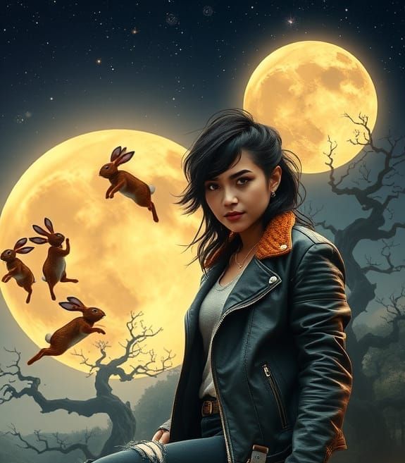 Confident Wildcat Woman in Surreal Mystical Landscape