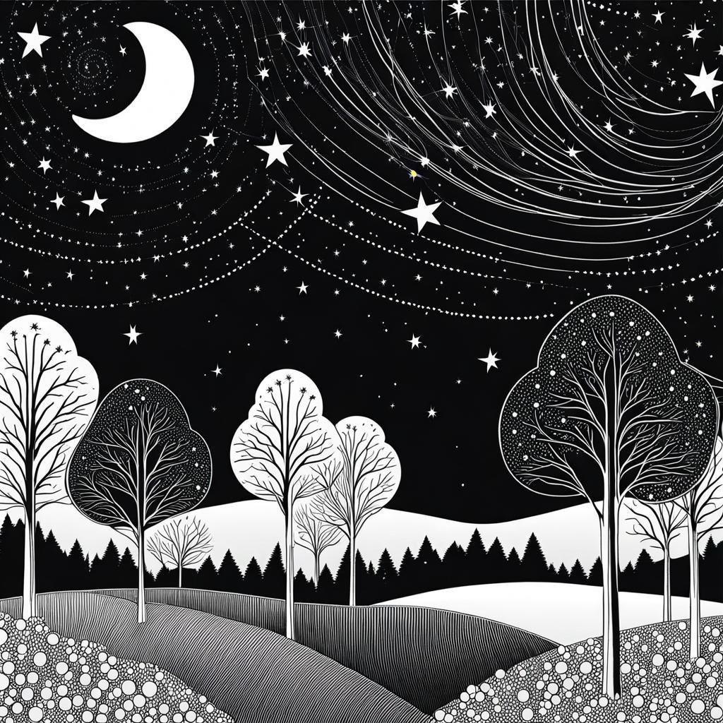 Monochrome Line Drawing of Starry Night Landscape