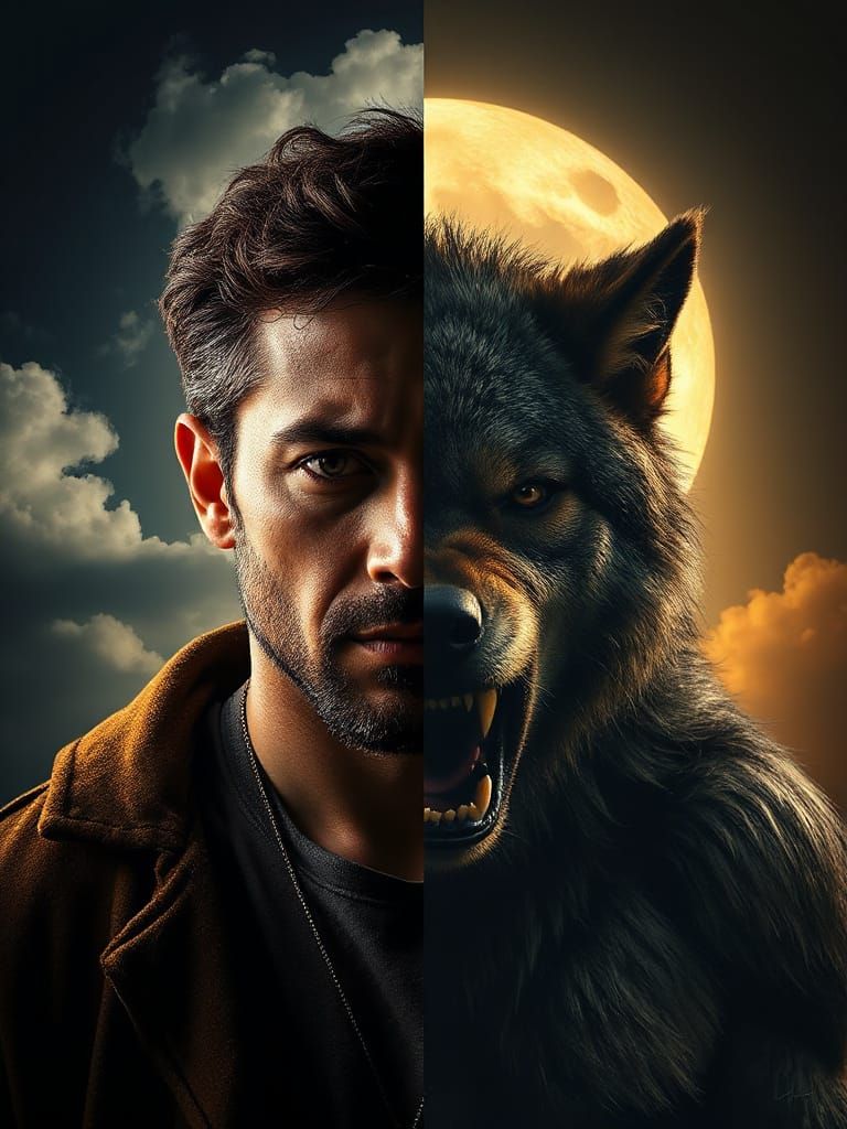 Werewolf Transformation Portrait in Digital Painting Style