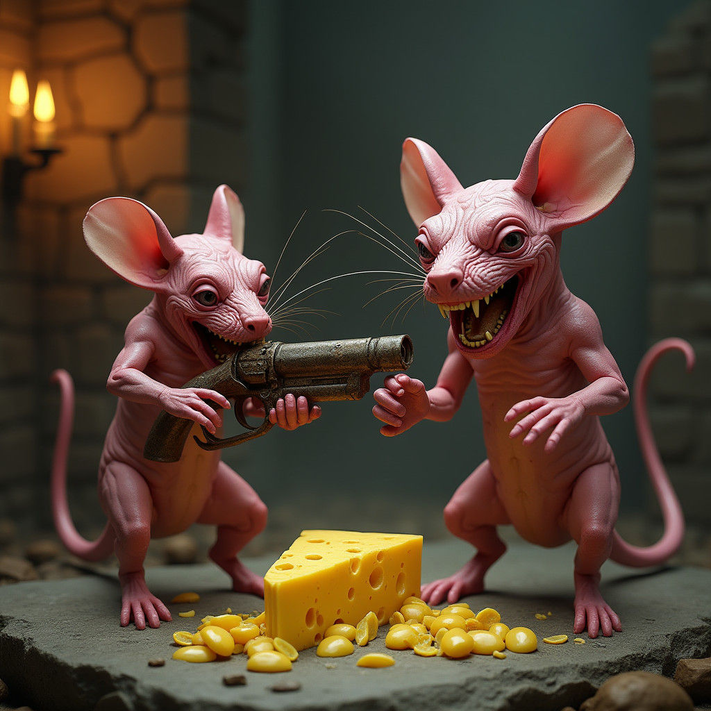 Grotesque Hairless Rats Battle in Dark Fantasy Setting