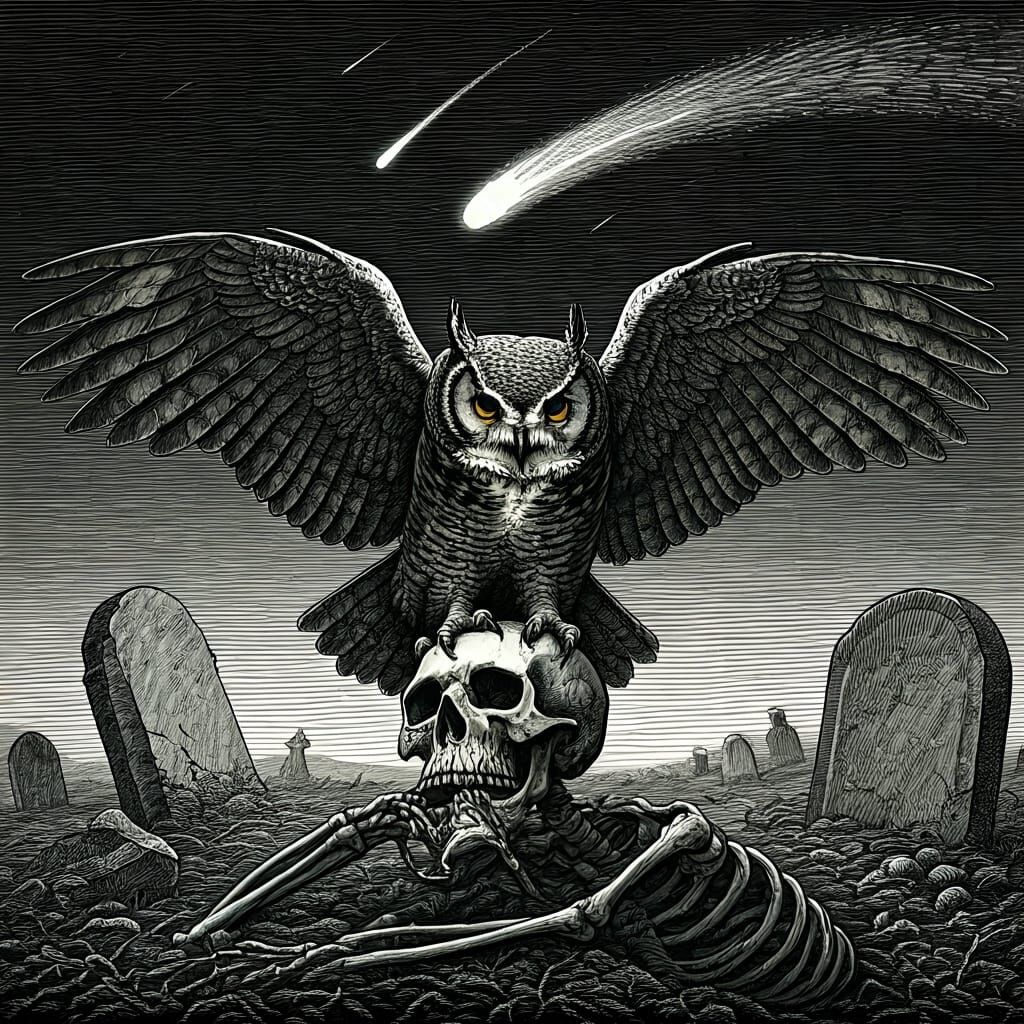 Owl Decapitates Skeleton in Graveyard Etching
