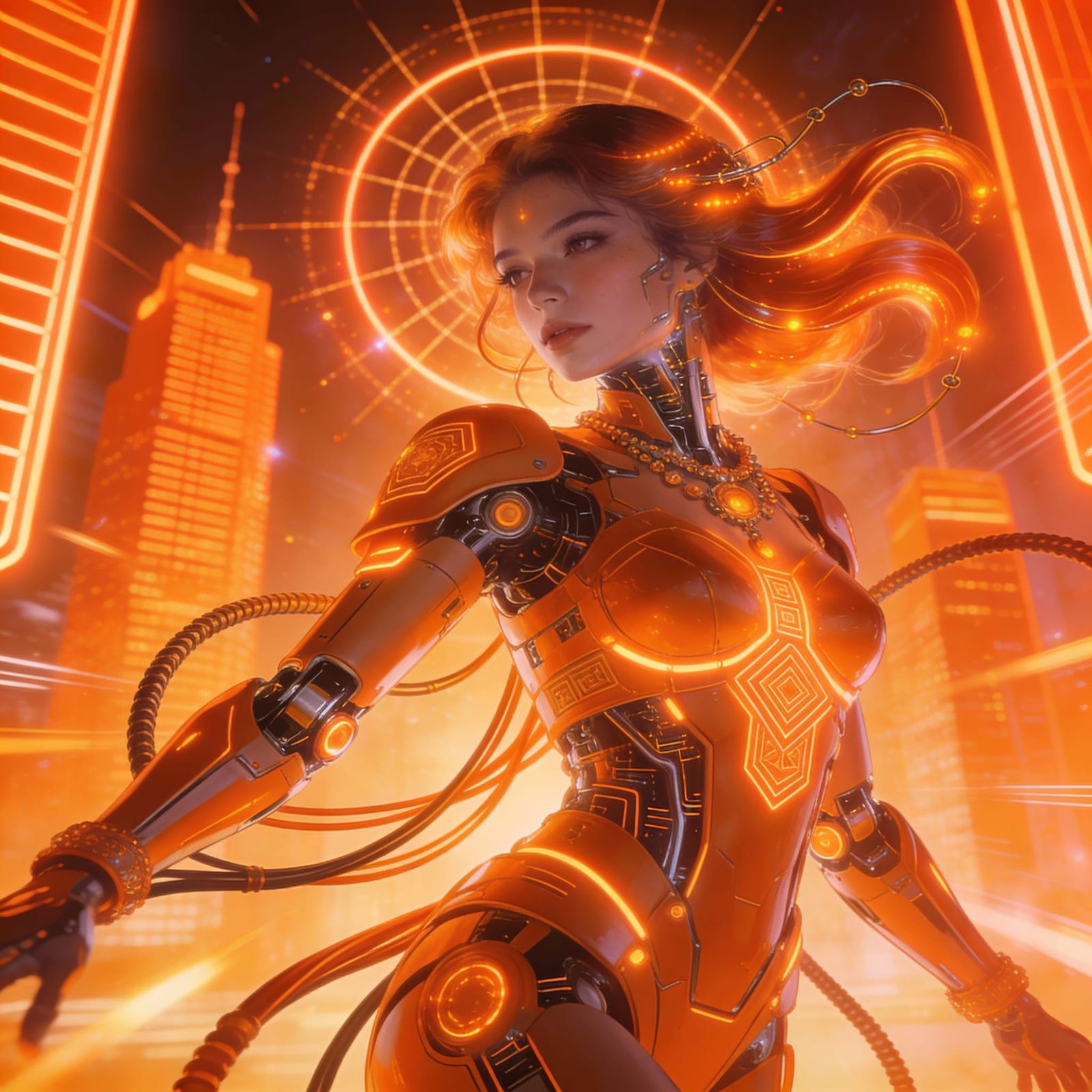 Cybernetic Woman in Orange Retro-Futuristic City