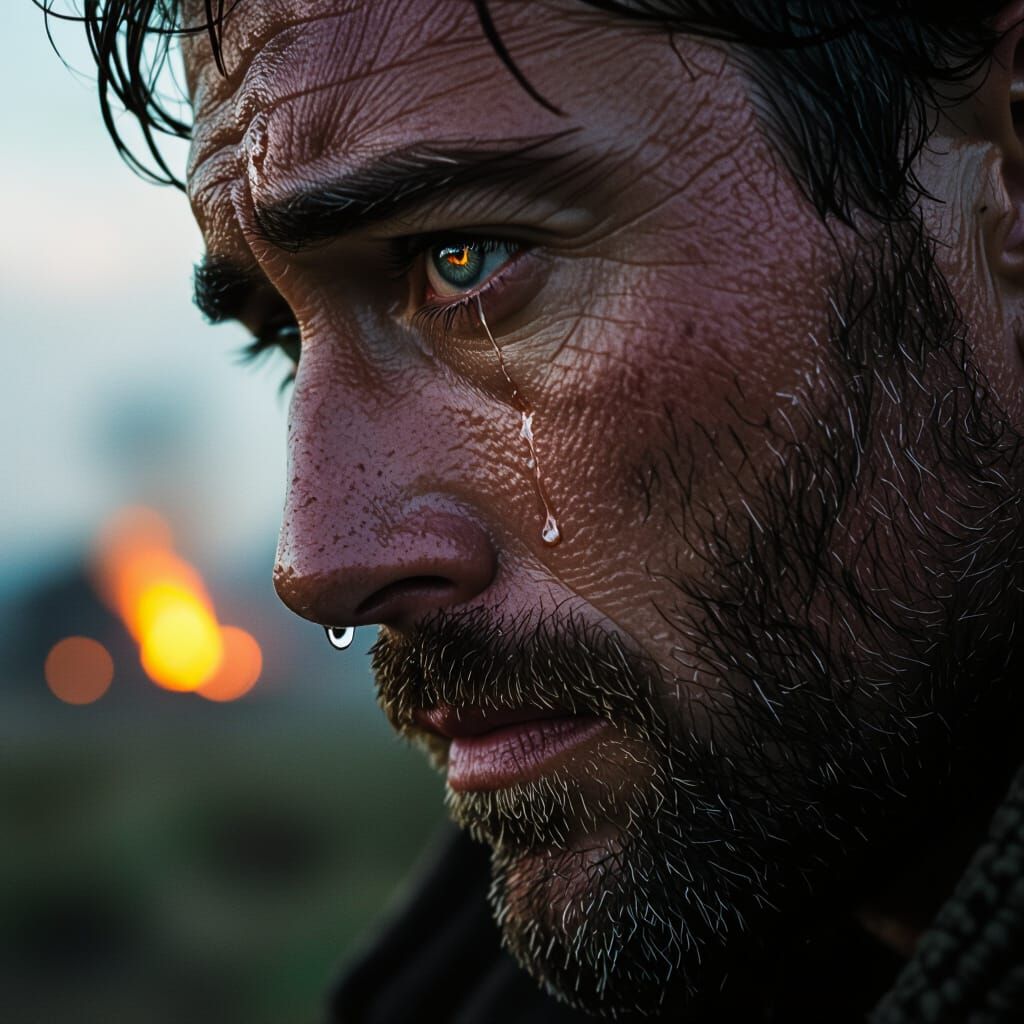 Reflective Tear: Burning Village in Dramatic Film Style