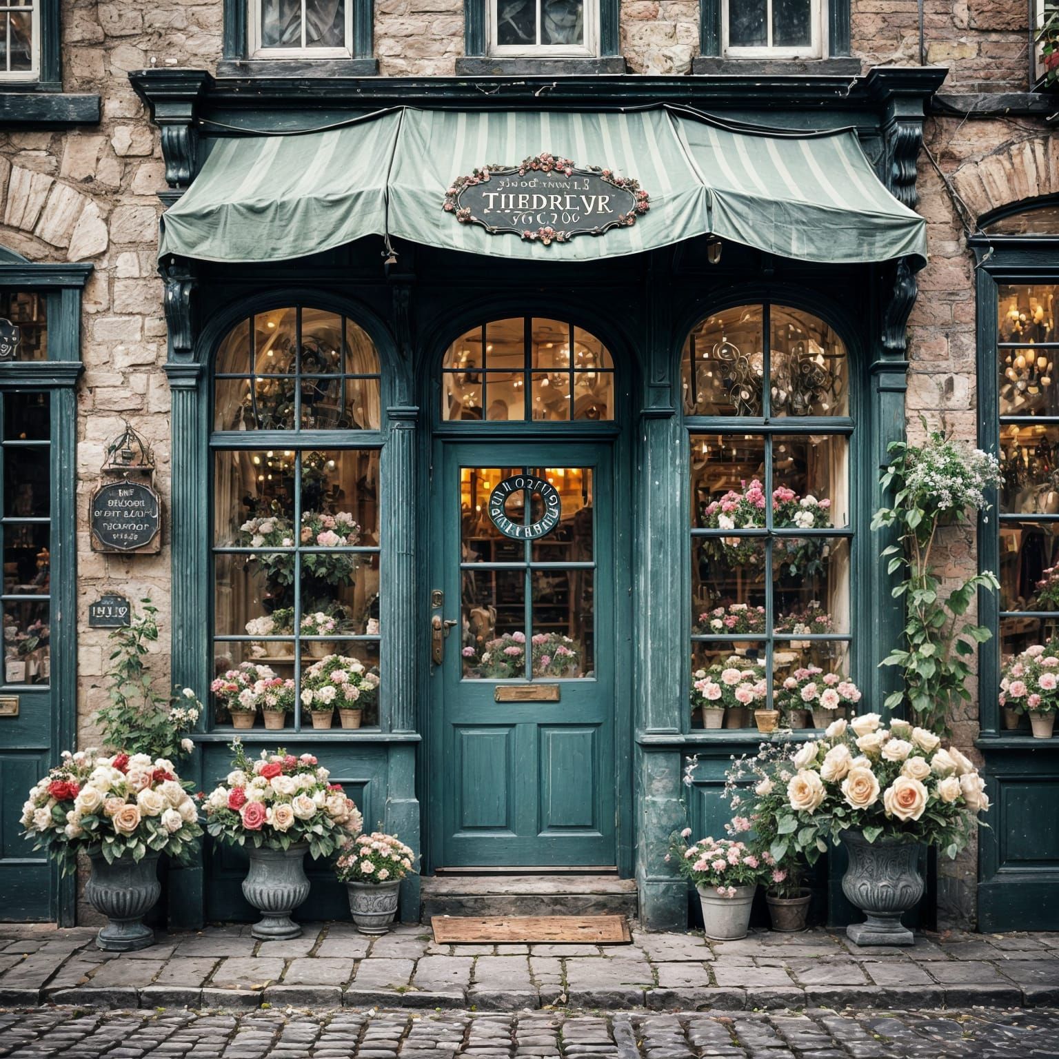 Vintage Flower Shop on Cobblestone Street