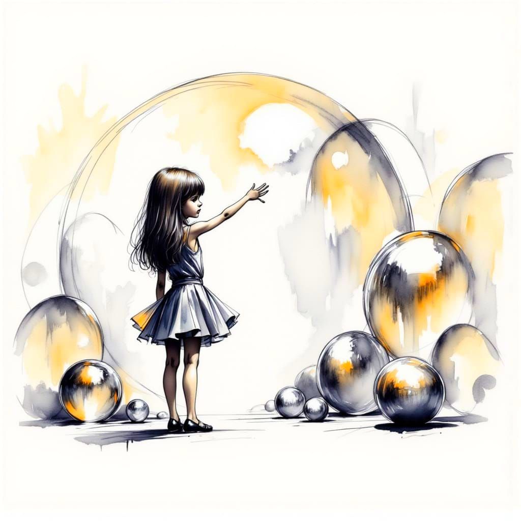 Curious Girl Meets Abstract Sculptures in Ink Sketch Style