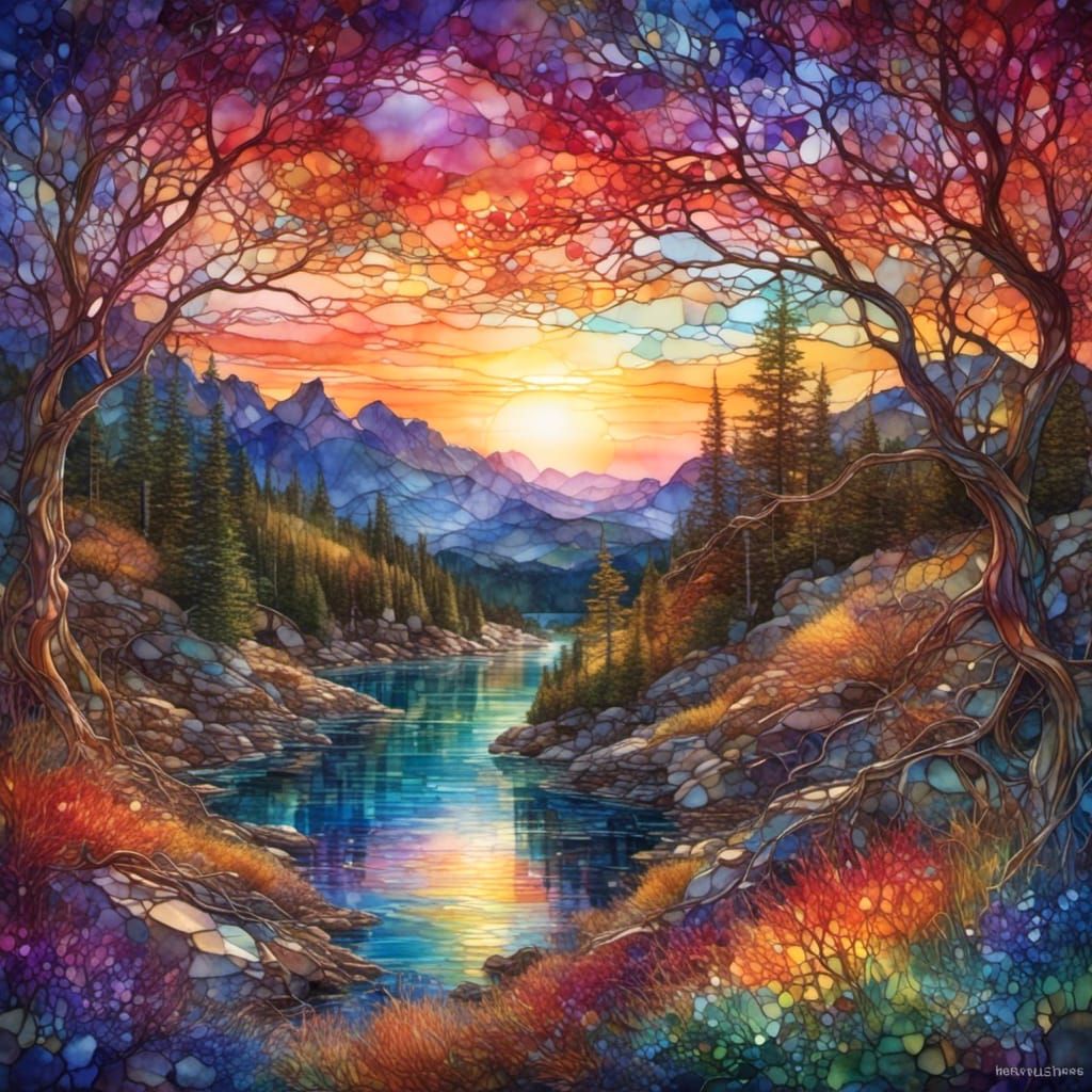 Brilliant Sunset Landscape Through Broken Glass