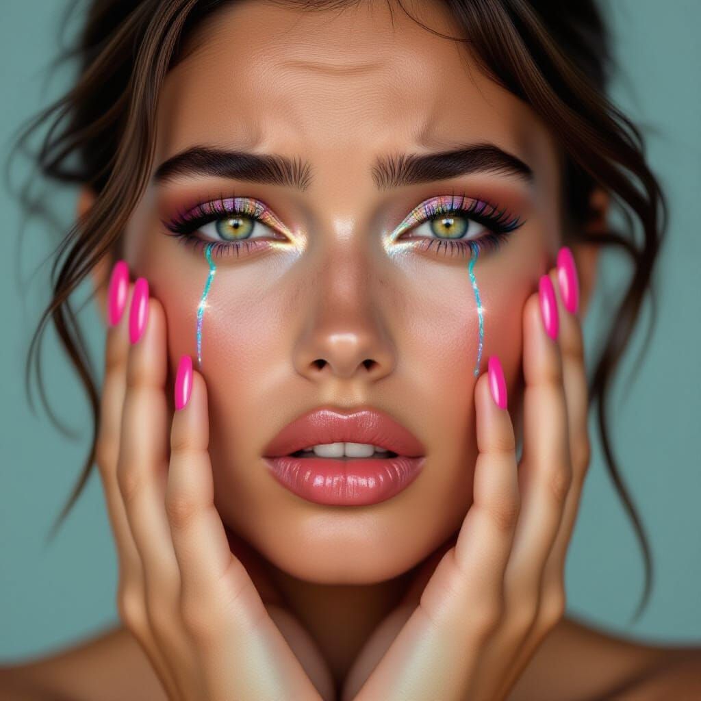 Striking Portrait of Woman with Tears and Neon Glitter Nails