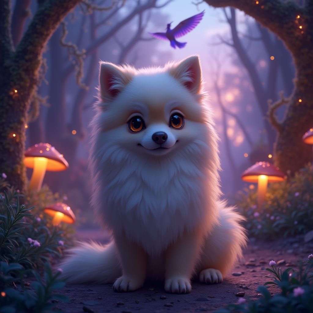 Fluffy Dog in Magical Elven City at Twilight