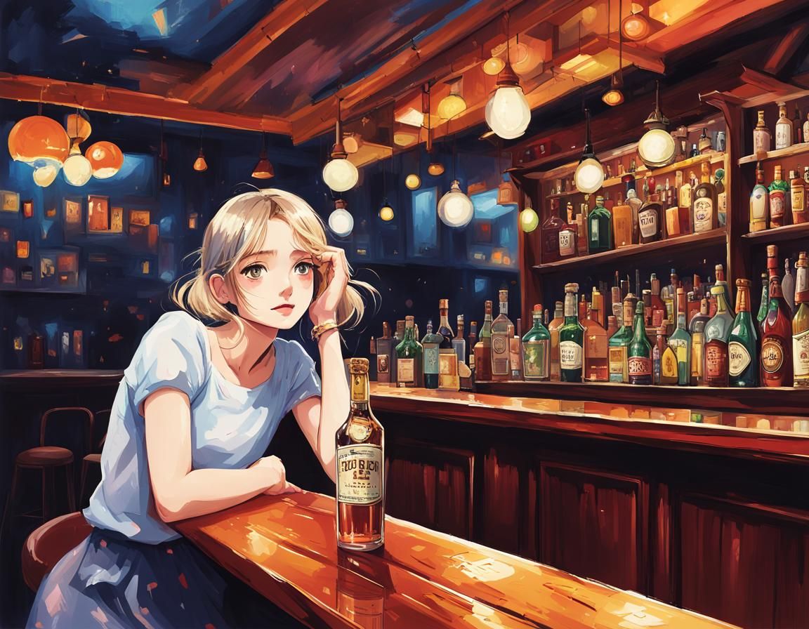 Beautiful Woman in Bar, Digital Illustration