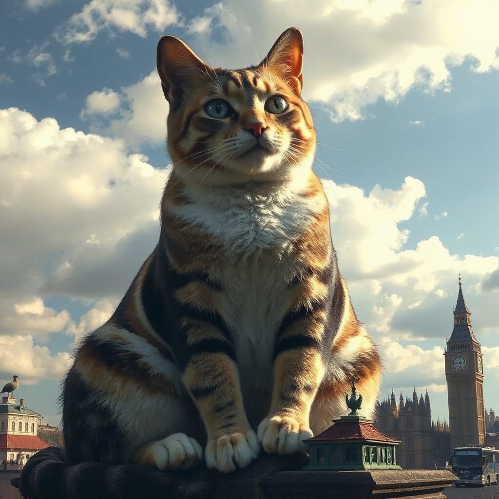 Giant Surreal Cat Dominates Whimsical Landscape