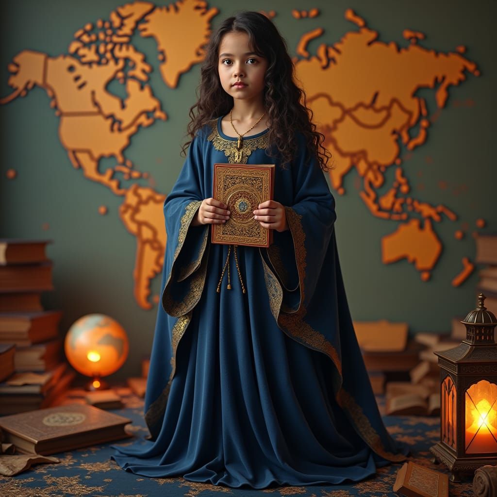 Empowered Girl with Book and Globe in Fantasy Style