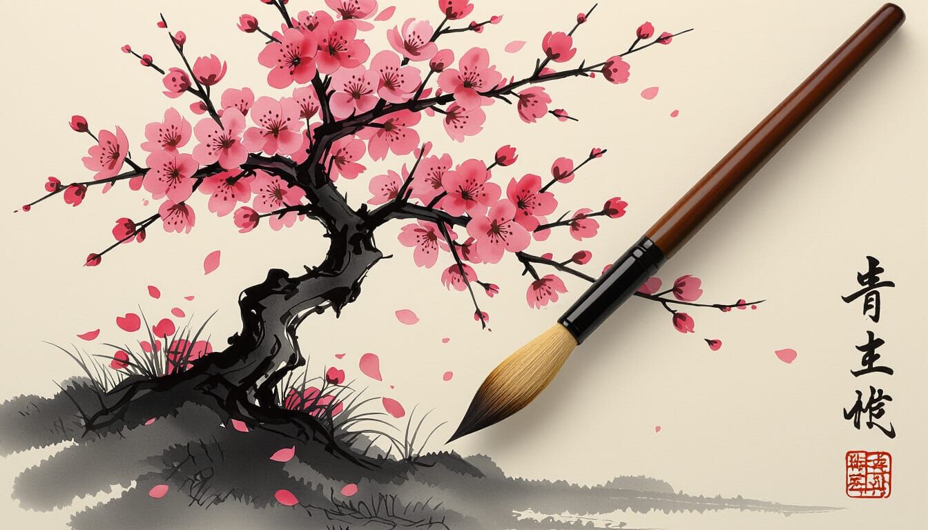 Elegant Brushstroke Transforms into Blossoming Cherry Tree