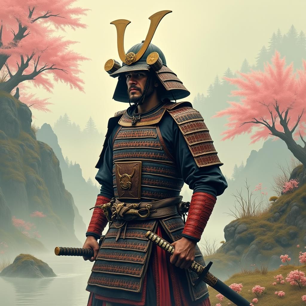 Samurai in Misty Landscape, Hokusai-Inspired Art