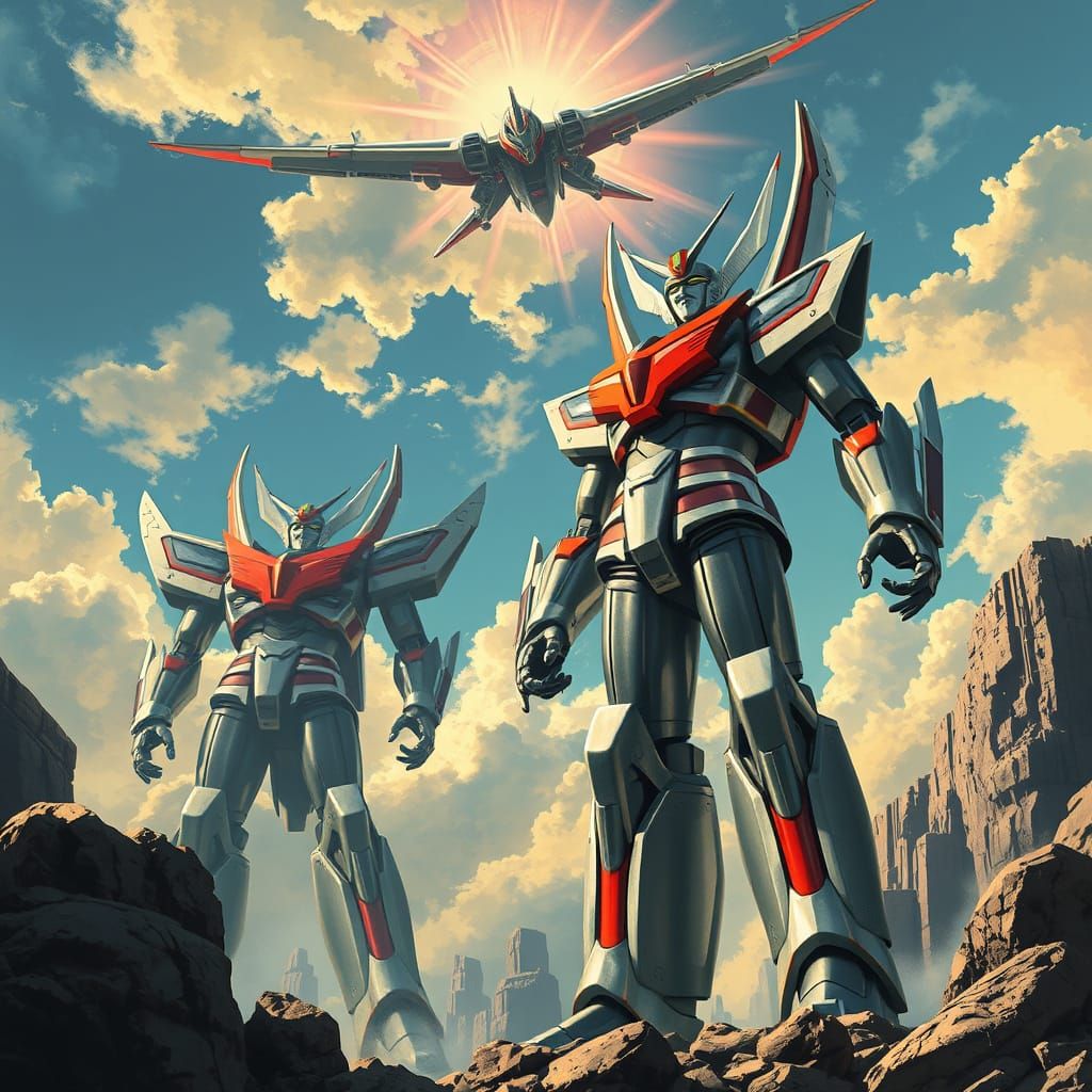 Mazinkaiser and Ultraman Omega in Retrofuturistic Style