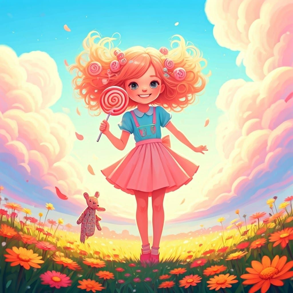 Whimsical Girl Dances in a Sunny Meadow