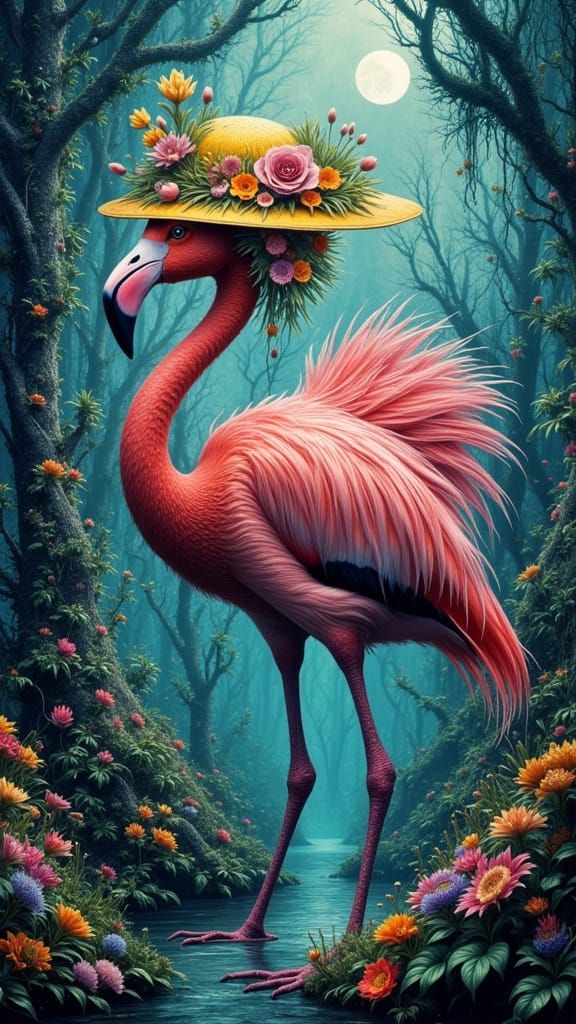 Whimsical Flamingo Armadillo Peacock Hybrid in Surreal Swamp