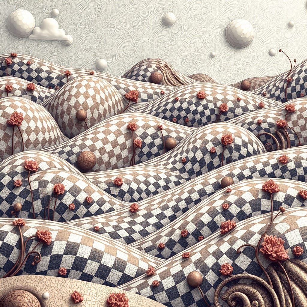 Whimsical Gingham Landscape in Abstract Vector Style
