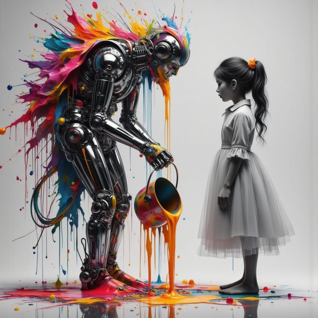 Metallic Droid Pours Colorful Paint on Elegant Girl