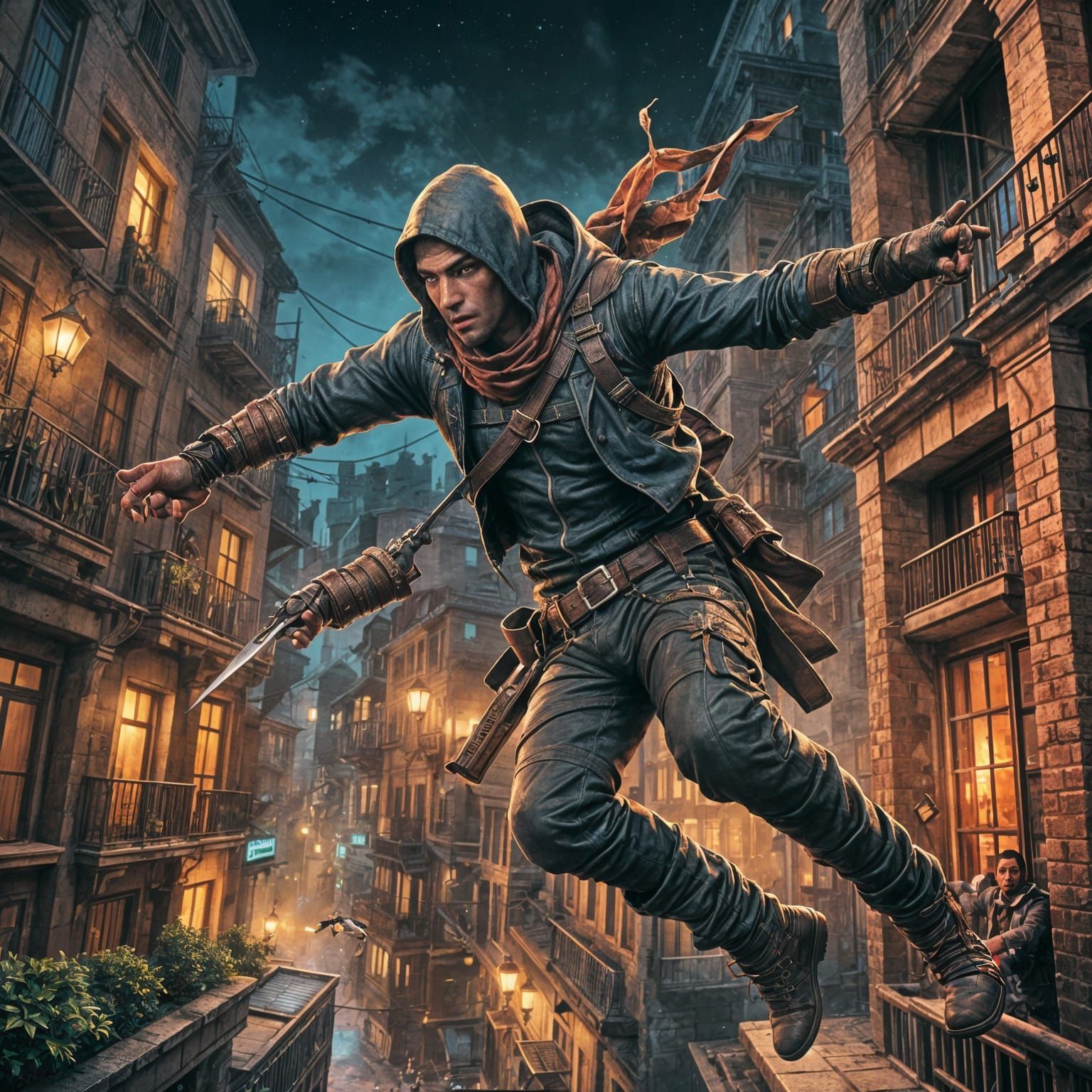 Rogue Assassin Leaping in Fantasy City: Hyperrealistic Splas...