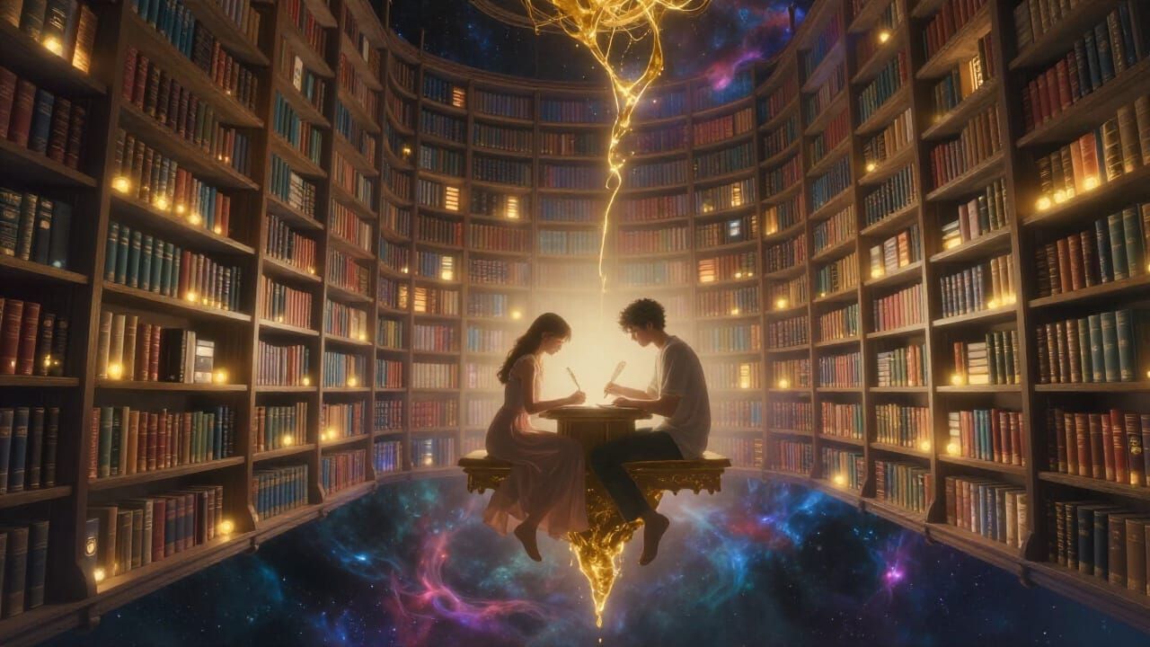 Cosmic Library of Love Stories in Digital Matte Painting Sty...
