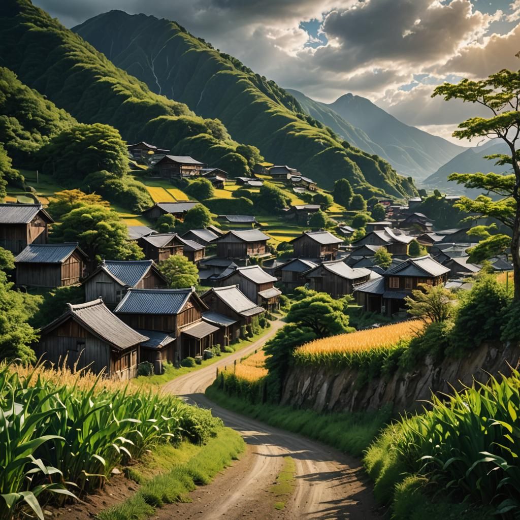 Abandoned Japanese Village Portrait, Hyperrealistic Detailed...