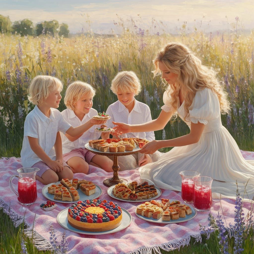 Impressionistic Picnic Scene at Sunset with Family