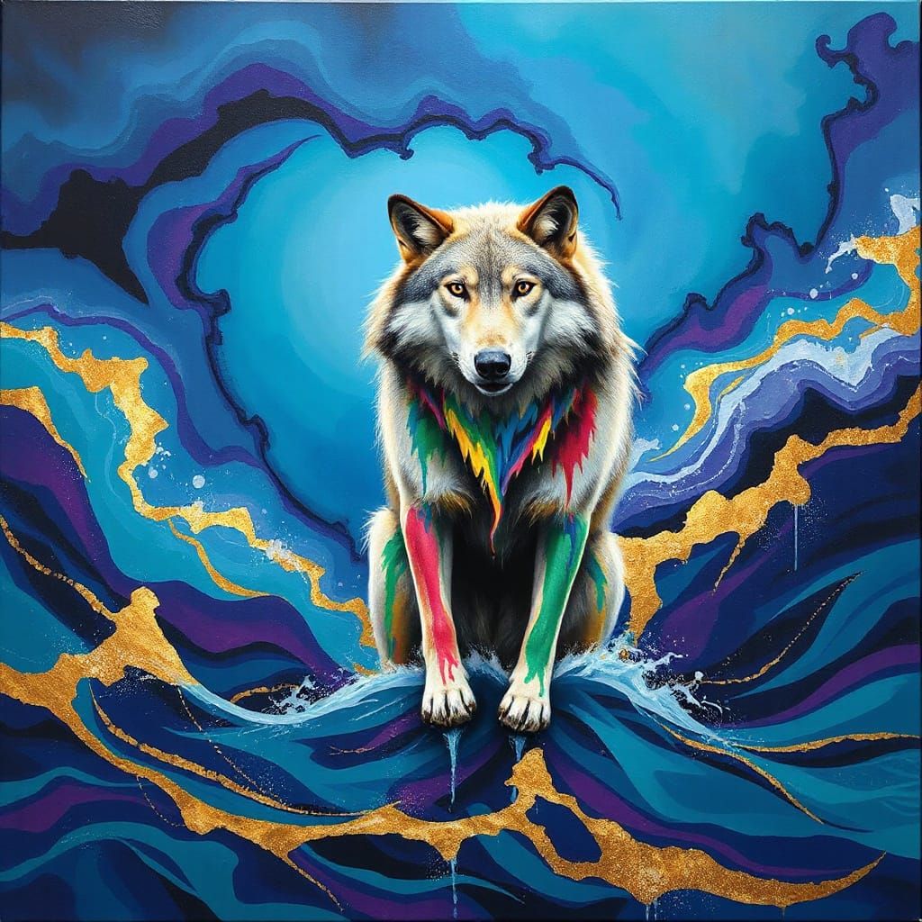 Majestic Wolf Emerges from Painted Sea