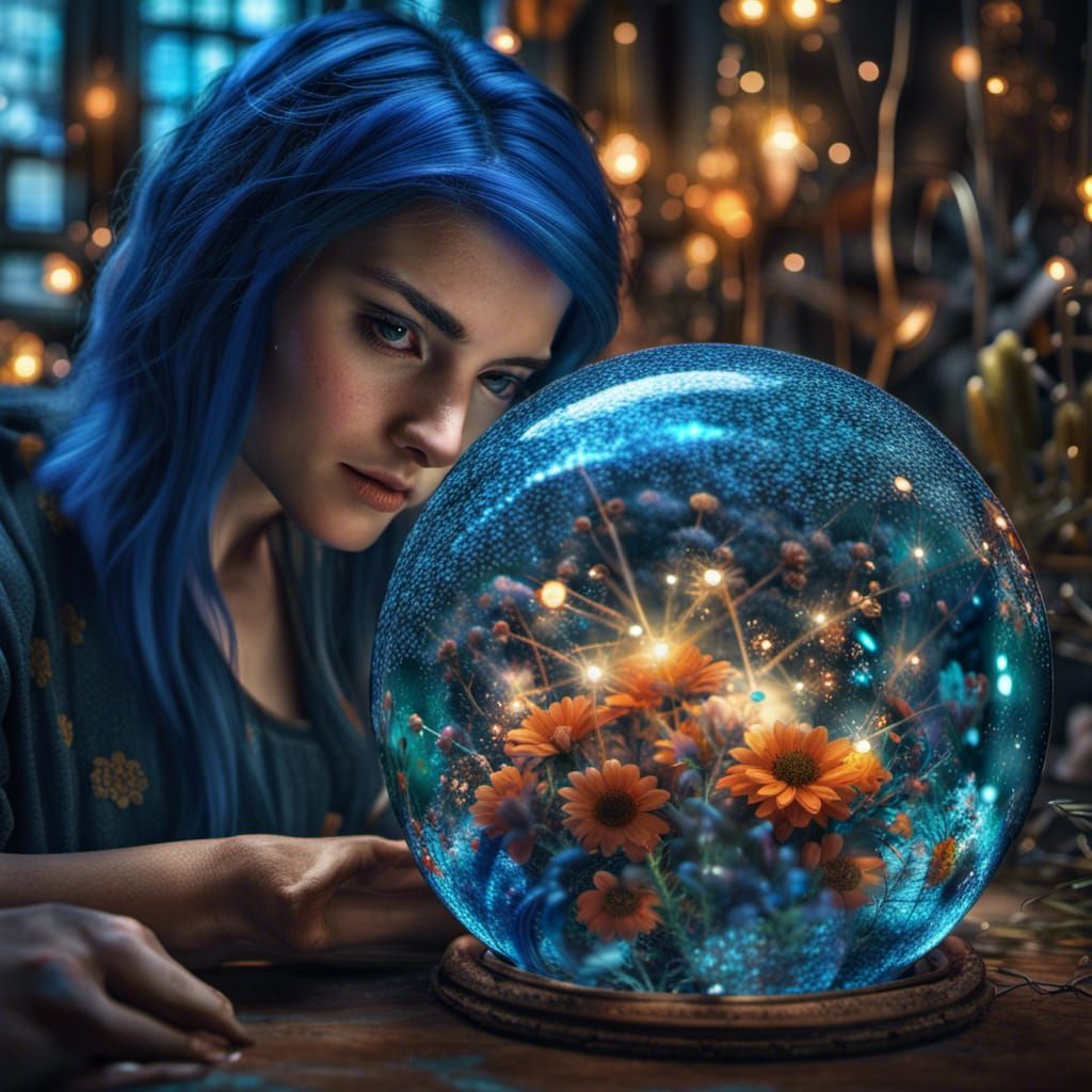 Blue-Haired Girl with Floral Sphere: Hyperrealistic Image
