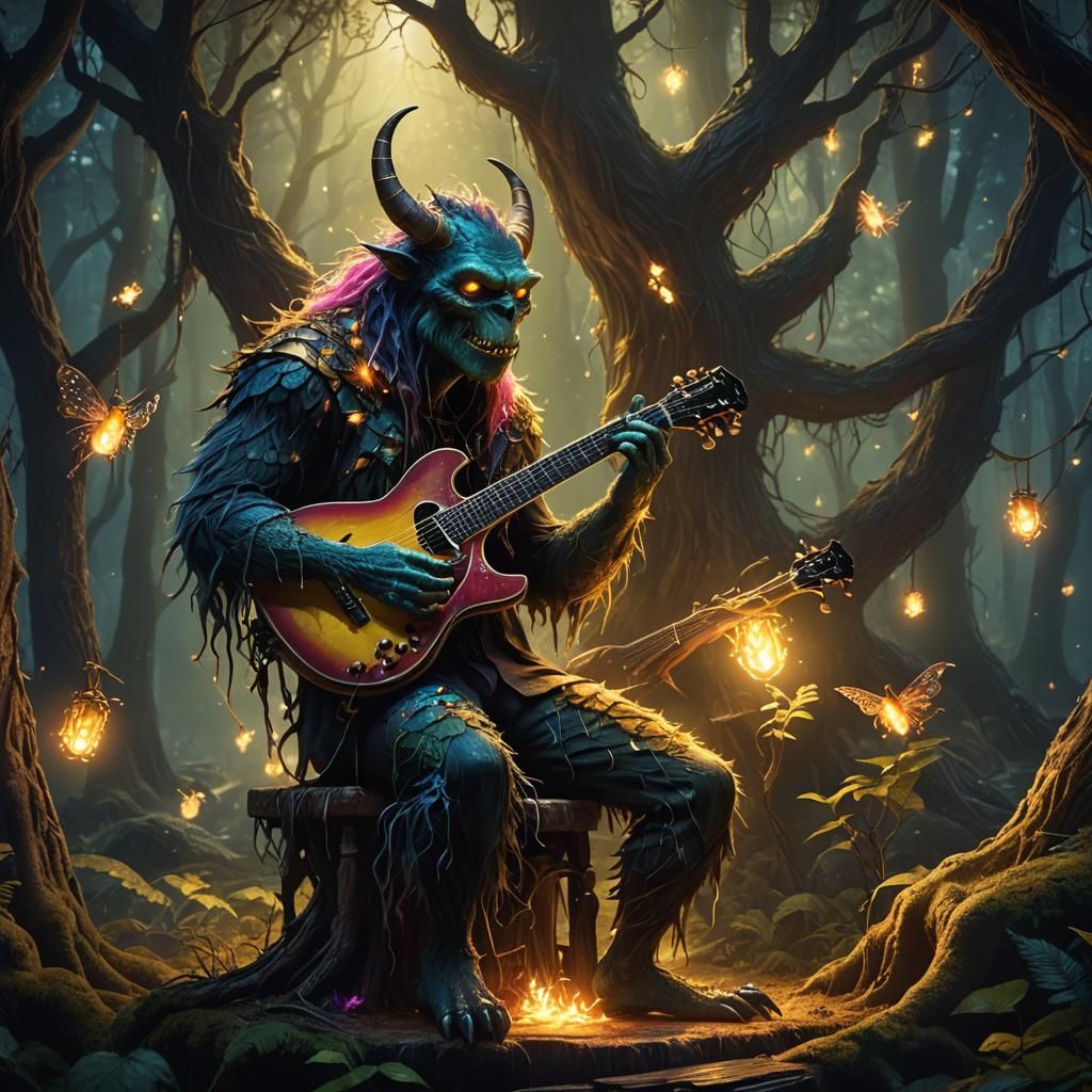 Monster Plays Guitar in Mystical Forest: Fantasy Art