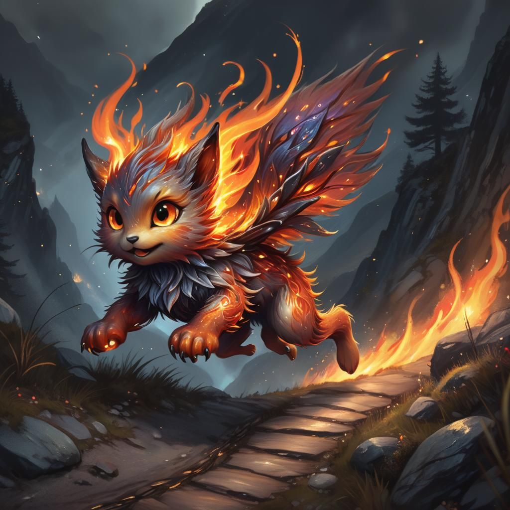 Adorable Fire-Sprite Runs Up Mountain Trail in 3D