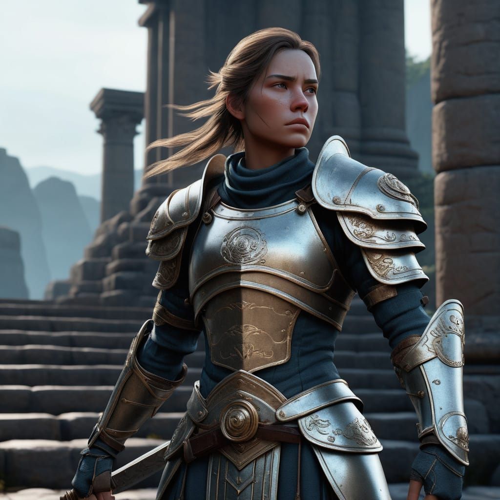 Female Warrior in Metallic Armor with Ancient Fantasy Backgr...