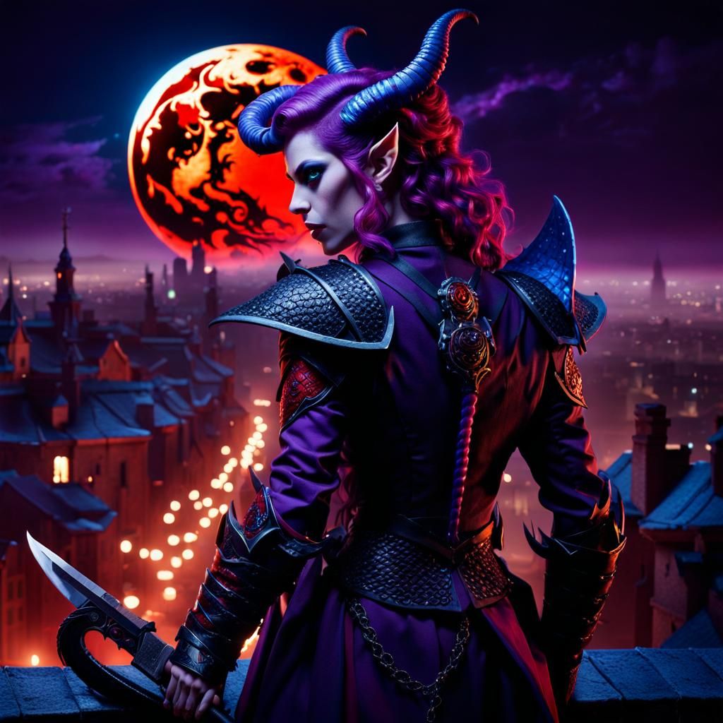 Tiefling with Dragon Scales in Dark Fantasy City