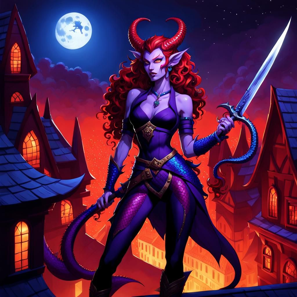 Purple Tiefling with Acid Knife, in Dark Fantasy Style