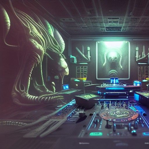 Detailed Alien Horror DJ in a Studio