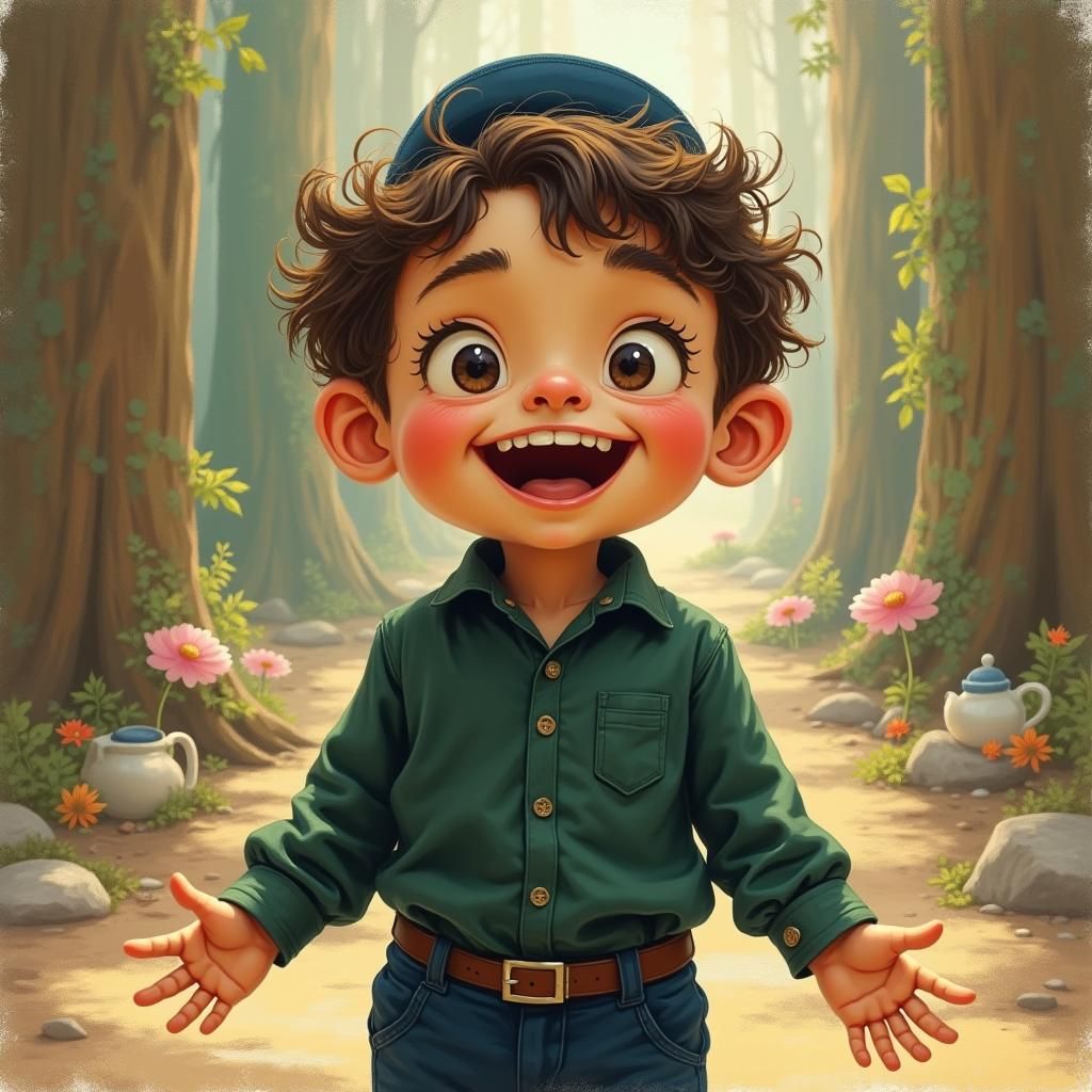 Joyful Ultra-Orthodox Boy in Whimsical Everyday Scene